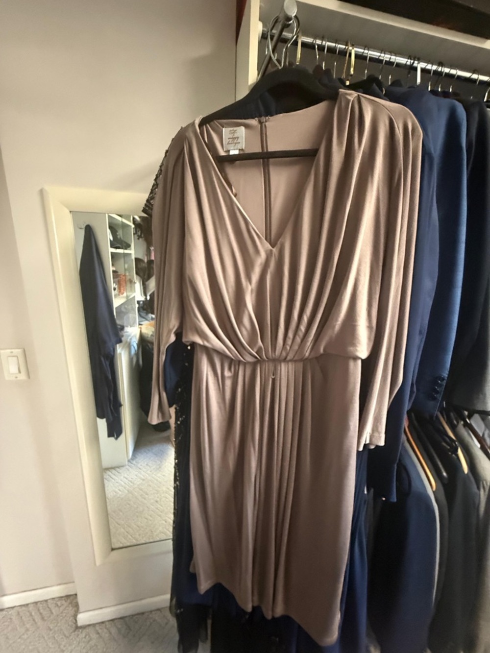 Taupe Draped V-Neck Midi Dress
